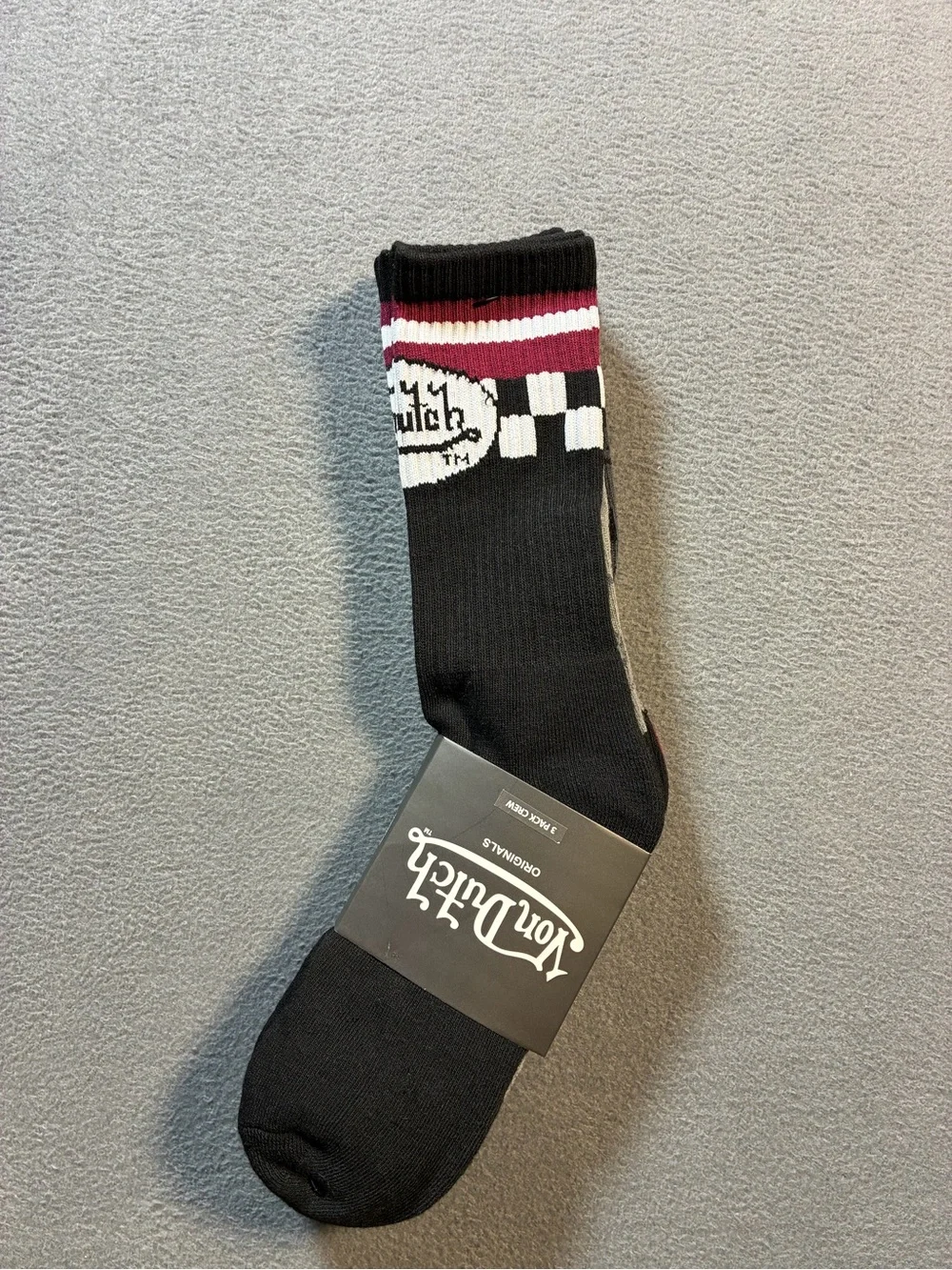 Von Dutch Black Crew Socks with Burgundy & White Stripes